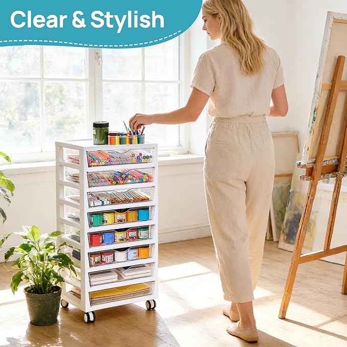 Vtopmart 8 Tier Rolling Cart with Drawers, Clear Plastic | Removable Dividers, Visible Storage, Sturdy Design, For Building Blocks, Toys, Art, Office & Craft Supplies - Image 2