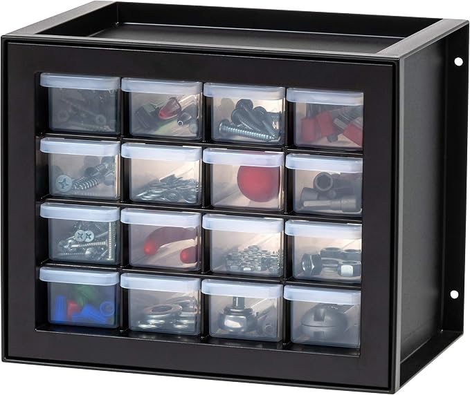 IRIS USA 16-Drawer Small Drawer Organizer, Garage Desk Storage, Black | Wall mountable, Stackable Teacher Toolbox, Beads, Building Bricks, Water Packets, Screws, Hardware by IRISUSA