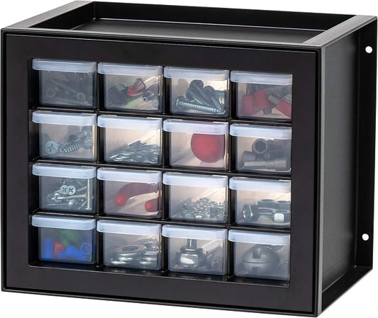 IRIS USA 16-Drawer Small Drawer Organizer, Garage Desk Storage, Black | Wall mountable, Stackable Teacher Toolbox, Beads, Building Bricks, Water Packets, Screws, Hardware by IRISUSA