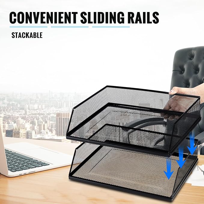 Hicarer 2 Pcs Black Metal Letter Tray Stackable Desk Tray Single Wire Mesh Organizer Front Load File Paper Holder for Desktop Office Home School Classroom (9.84 x 12.8 Inch) - Image 5