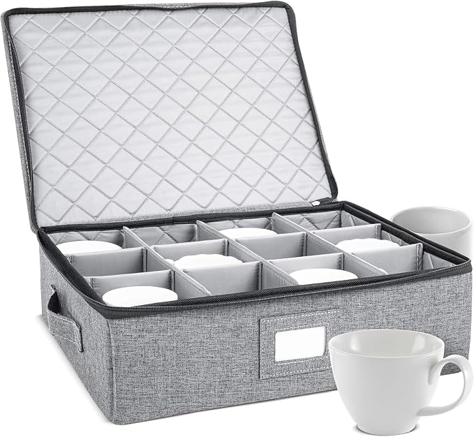 Cup & Mug Storage Case | Hard Shell Felt Dividers | Gray | Hard Shell Case Holds 12 Cups Or Mugs In 4x4 Felt Compartments. Stackable, Top-Load, Dual Handles. Also Fits Wine Glasses. by storageLAB