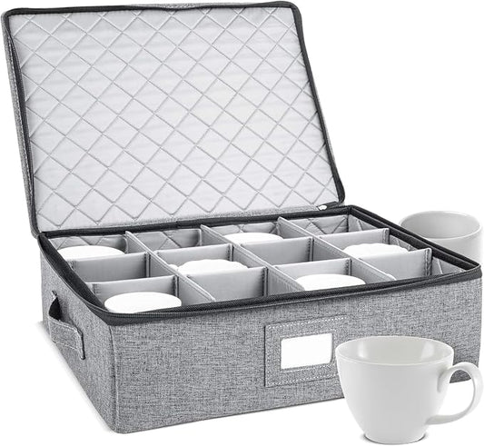 Cup & Mug Storage Case | Hard Shell Felt Dividers | Gray | Hard Shell Case Holds 12 Cups Or Mugs In 4x4 Felt Compartments. Stackable, Top-Load, Dual Handles. Also Fits Wine Glasses. by storageLAB