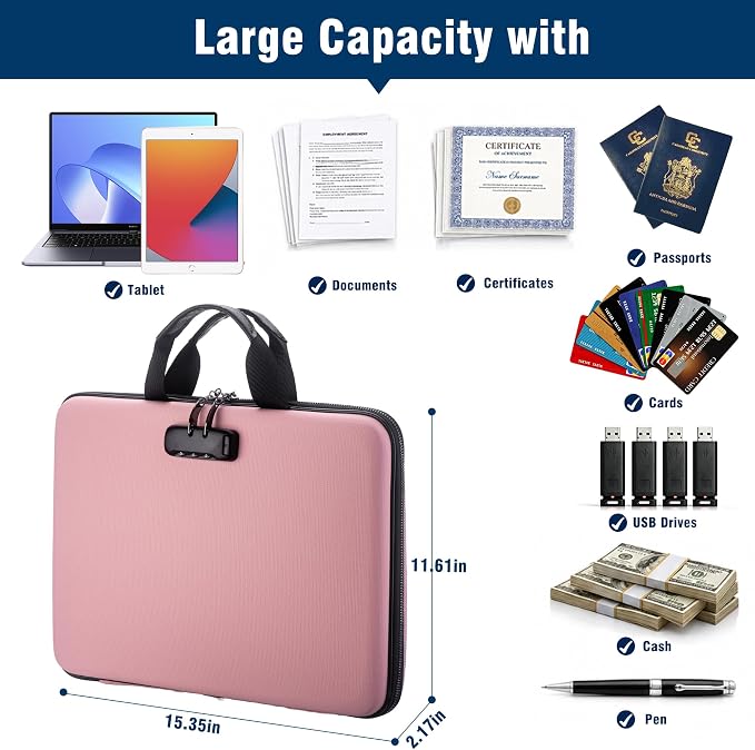 Fireproof Document Box with Lock, Hard-Shell Case Fireproof File Organizer with 13 Pocket Accordion File Folder, Portable Home Office Travel Safe Storage for Important Documents Laptop - Image 6