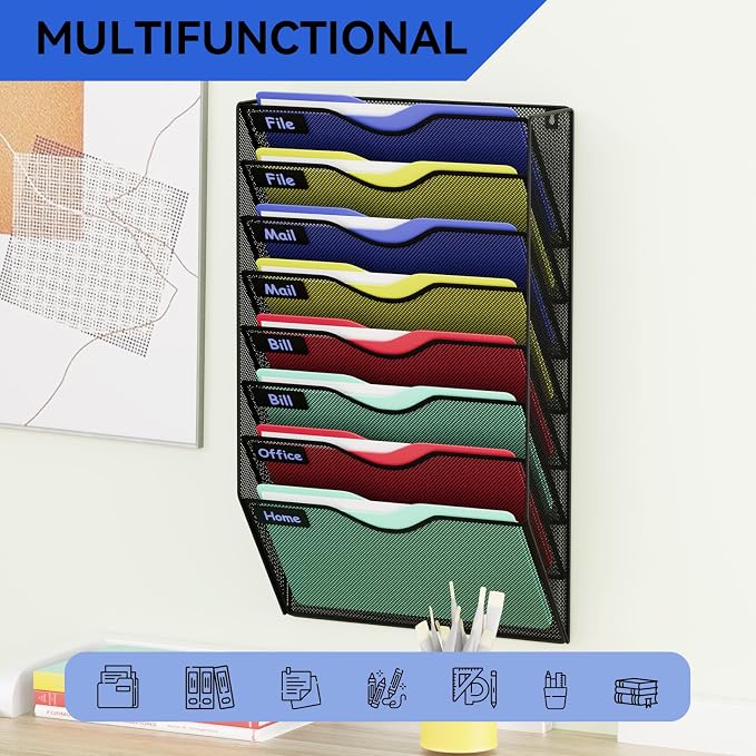 8 Pockets Hanging Wall File Organizer Mail Holder, Wall Mounted Paper Document Folder Holder, Clipboard Storage Organization Magazine Rack, Black - Image 6