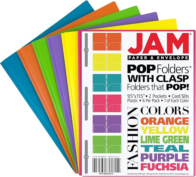 JAM PAPER Plastic Color POP Folders - 2 Pocket Durable Folders with Metal Prongs Fastener Clasps - Assorted Fashion Colors - 6/Pack - Image 2