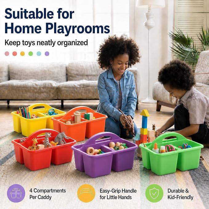 gisgfim 6 Pack Plastic Classroom Caddy with 4-Compartments Plastic Storage Caddies with Handle 4 Compartments Table Caddy Organizer Versatile Table Caddies for Classroom Office, Rainbow Color - Image 6