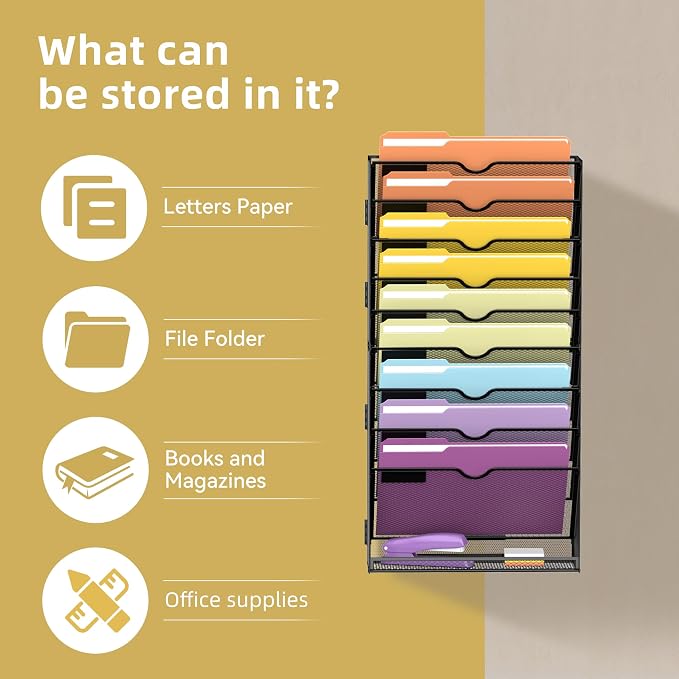 10Tier Hanging Wall File Holder Organizer for Papers, Folders, Files Clipboard & Magazine Organization Great for Office Home, Assembly Needed, Black | Paper, Folder, Magazine Rack Great for Office Home School, Assembly Needed, Black - Image 5