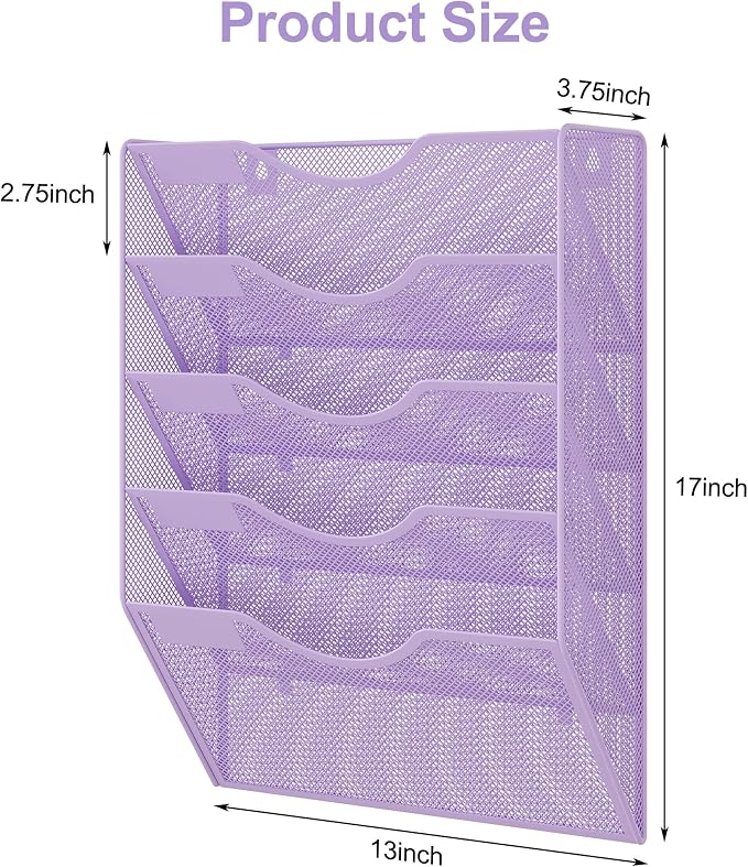 EasyPAG Wall File Organizer 5 Tier Hanging Paper Folder Holder, Zero Assembly Metal Mesh Wall Mounted Mail Organizer for Office Home Classroom Narrow Spaces, Puple - Image 7