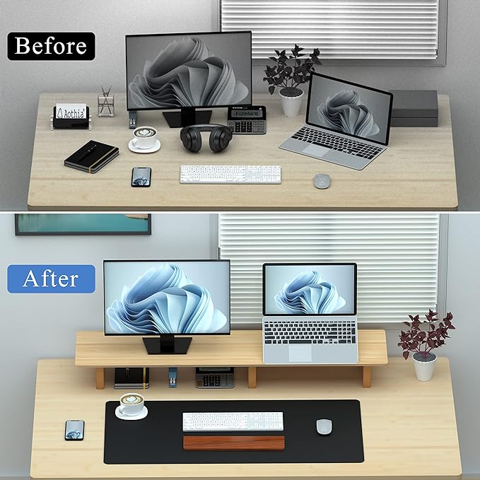 Aothia Large Dual Monitor Stand Riser, Solid Wood Desk Shelf with Eco Cork Legs for Laptop Computer/TV/PC/Printers, Perfect Desktop Stands Organizer with Underneath Storage for Office Accessories - Image 6