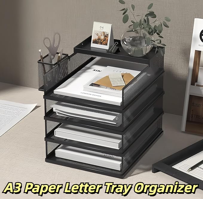 A3 Mesh Desk File Organizer, Stackable Paper Tray，Desktop Document Sorter, File Storage, 3/4/5-Tier Paper Letter Tray Organizer, Desk Accessories & Workspace, Black (4 Tier-Landscape-White) - Image 5