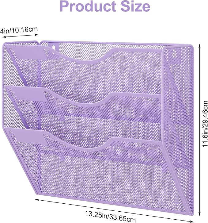 EasyPAG 3 Pocket Mesh Wall File Organizer, Hanging Paper Folder Holder with Classify Label, Vertical Wall Mount Mail Organizer for Office Home Classroom, Purple - Image 6