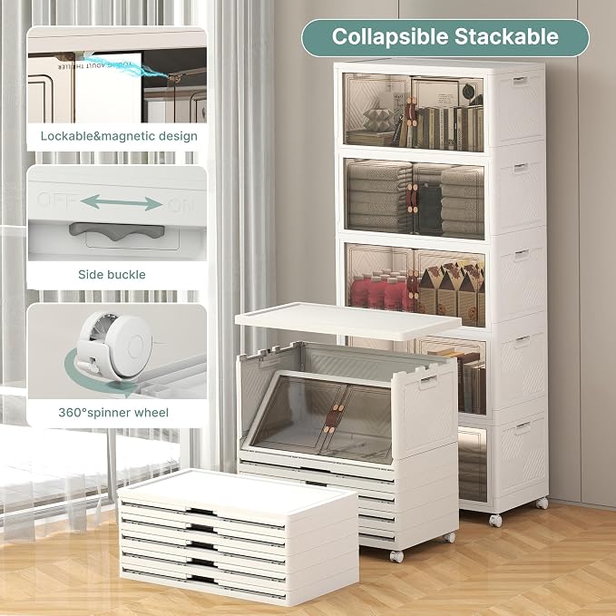 560QT Lockable Storage Bins with Lids - Stackable Storage Cabinet with Doors and Wheels, Collapsible Plastic Organizer and Containers for Bedroom Dorm Office Garage, 5 Pack Cubes - Image 3