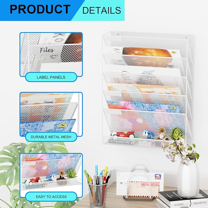 Wall File Organizer Holder Mesh Hanging Paper Document Holder,Vertical 6 Pocket Tier for Office Home, White - Image 4