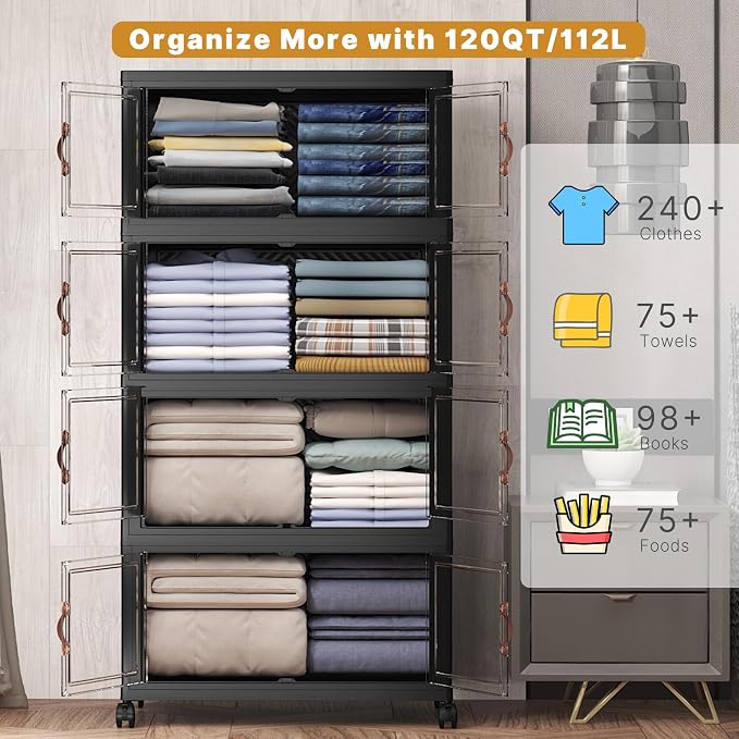 480QT Stackable Storage Bins with Lids, Doors & Wheels | Closet Organizers and Storage Cabinet , Lockable Plastic Foldable Drawers for Bedroom Dorm Office Garage（120QT*4,Black） - Image 3