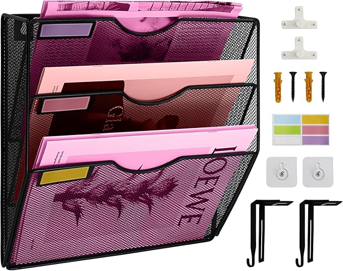 3 Pockets Mesh Wall File Holder Organizer Office Hanging File Folder Magazine Rack, Nametag Label Hooks Set Included (Black) by ideallife