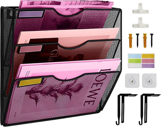 3 Pockets Mesh Wall File Holder Organizer Office Hanging File Folder Magazine Rack, Nametag Label Hooks Set Included (Black) by ideallife