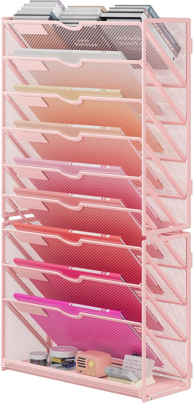 Lavatino 10-Tier Hanging Wall File Folders Organizer - Pink Metal Mesh Paper Magazine Document Mail Holder File Organizer for Office School Home Wall Mount or Desk Supplies Organization by Lavatino