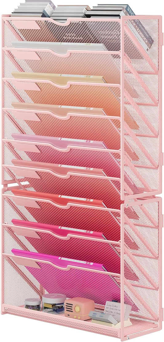 Lavatino 10-Tier Hanging Wall File Folders Organizer - Pink Metal Mesh Paper Magazine Document Mail Holder File Organizer for Office School Home Wall Mount or Desk Supplies Organization by Lavatino