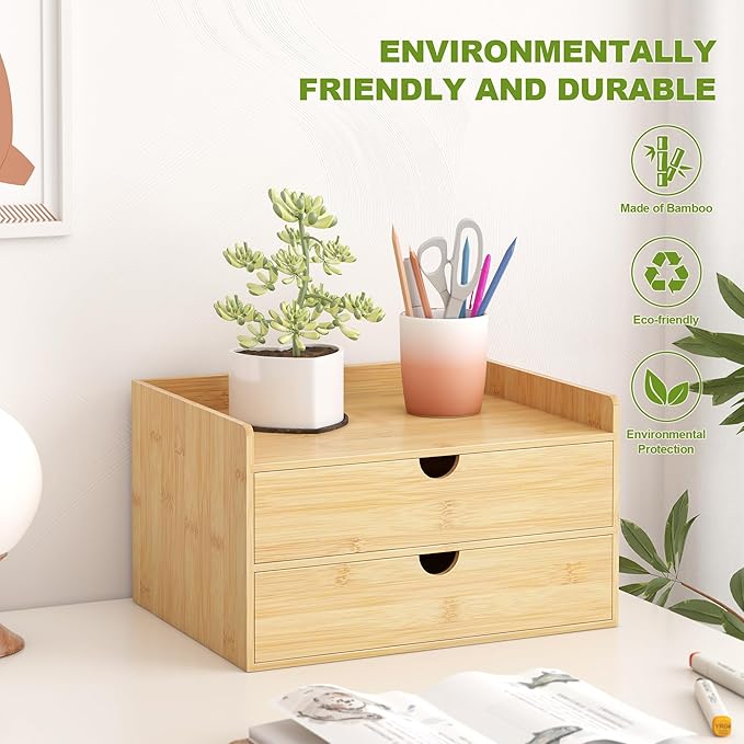 Bamboo Desk Drawer Organizer, Large Desktop Organizer with Drawers Tabletop Storage Organization Box for Office Home Toiletries Supplies Vanity, No Assembly Required (2 Drawer with Shelf) - Image 4