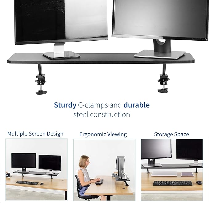 VIVO Black Clamp-on Large 40 inch Ergonomic Desk Shelf, Dual Computer Monitor and Laptop Riser Stand - Desk Organizer for 2 Screens STAND-SHELF40B - Image 3
