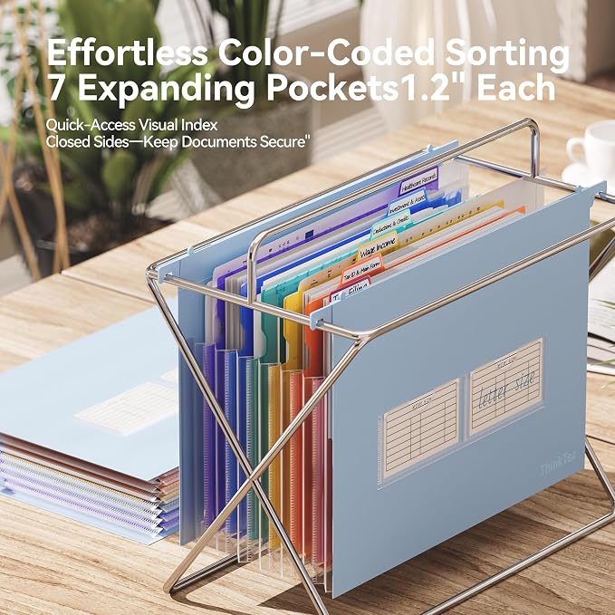 ThinkTex Plastic Expanding Hanging File Folders, 7 * 1.2" Accordion Pockets | Large Capacity, Multi-Color Tabs, Letter Size for Filing Cabinet - Blue - Image 4