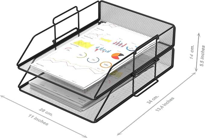 Pack of 2 Mesh Document Trays A4 Size Black. Stackable Trays, Desk Organizer, Desk Drawers, Office Files, Desk Accessories, Magazine Holder, Document Sorter - Image 3