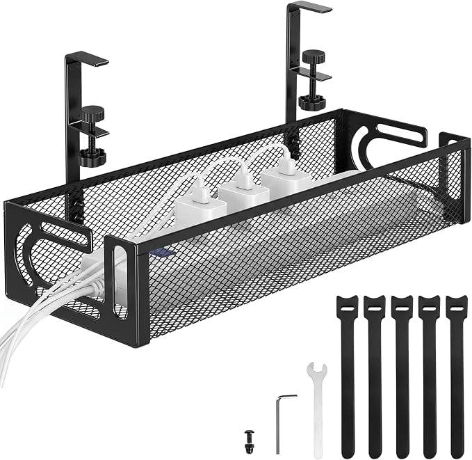 AiQInu Cable Management Desk Under The, Clampable Cable Organiser Tray, Under-Sink Mounting Organiser Made of Carbon Steel, No Drilling, Cable Management for Office, Home by AiQInu