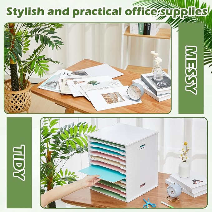 12 Tier 8.5" x 11" Scrapbook Paper Organizer, White Cardstock File Organizer with Adjustable Shelves, Stackable Paper Trays, Desktop Storage Rack Document Holder for Desk Home Office - Image 4