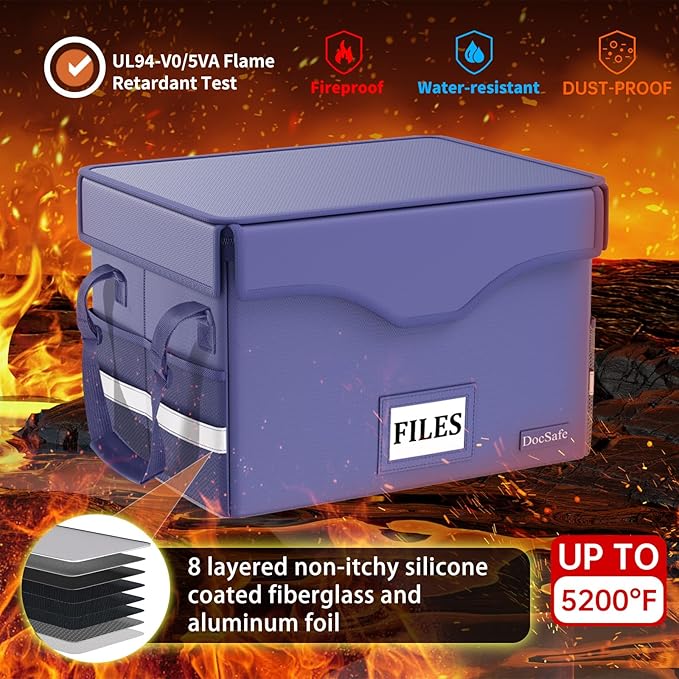 DocSafe 5200°F Fireproof Document Box with Lock,Heat Insulated File Organizer Storage with Pockets,Collapsible Portable Home Office File Safe Box with Handle for Hanging Letter/Legal Folders, Blue - Image 3