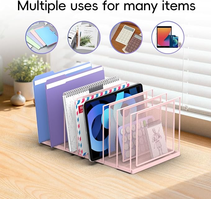 File Organizer for Desk, 7-Section Vertical File Sorter, Paper Holder Organizer Standing Metal File Folder for Office Home Classroom, Pink - Image 4