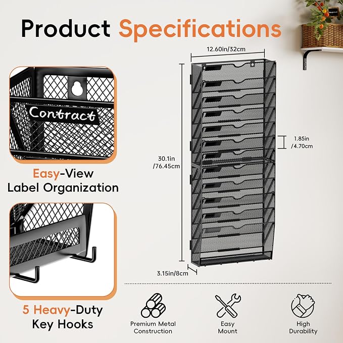 13-Tier Wall File Organizer with Hook, Hanging File Organizer Black | Wall-mounted mail storage holds papers, folders, files, clipboards and magazines, assembly required for office or home use. - Image 2