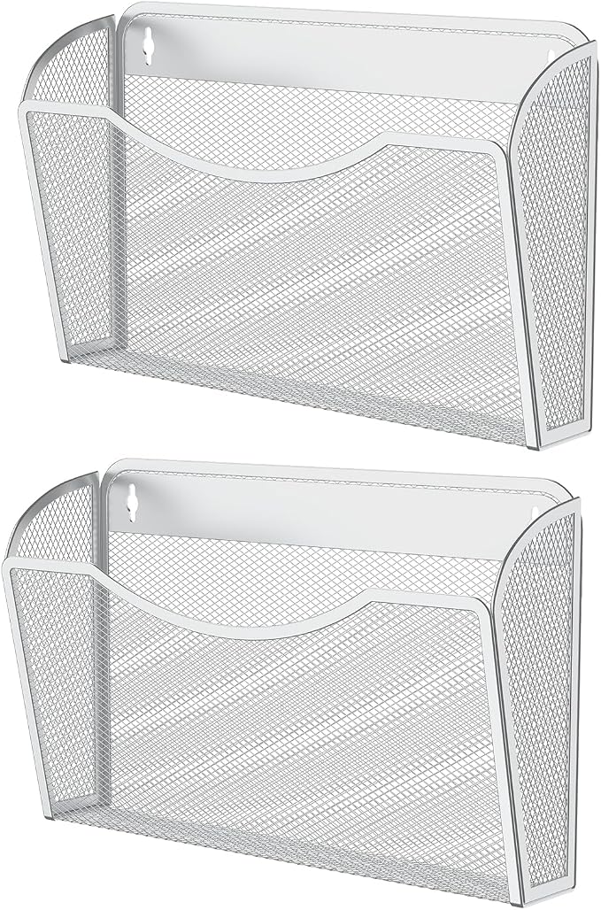 MINDEPOT Wall File Organizer, Hanging Wall File Holder, 2 Pack, Silver | Heavy Duty Iron, Metal Mesh Wall Mount, Single Pocket, Mail Organizer, for Office School Classroom Home, Letter A4 Size by MINDEPOT