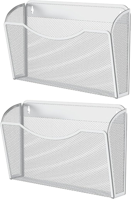MINDEPOT Wall File Organizer, Hanging Wall File Holder, 2 Pack, Silver | Heavy Duty Iron, Metal Mesh Wall Mount, Single Pocket, Mail Organizer, for Office School Classroom Home, Letter A4 Size by MINDEPOT