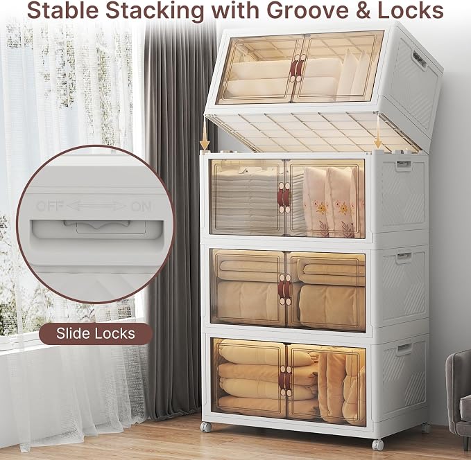 720QT Stackable Storage Bins with Lids, Storage Cabinet with Wheels | Lockable Storage Bins with Clear Doors Heavy Duty Closet Organizer Extra Large Collapsible Plastic Storage Box for Dorm Home - Image 2