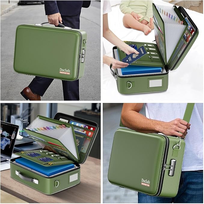 DocSafe Fireproof Document Box with Lock＆Shoulder Strap,Hard Case File Organizer with Accordion File Folder,Multi-Layer Portable Home Office Travel Safe Storage for Important Documents Laptop Green - Image 8