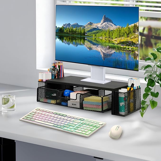 Qupui Computer Monitor Stand Riser with Drawer and Pen Holders, Desk Organizer Shelf and Accessories, Office Desk Accessories, Office Organization, Black - Image 6