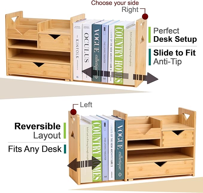 Pandorama Bamboo Desk Organizer Medium - Drawers & Adjustable File Holder, Fully Assembled Wood Desktop Storage for Kitchen, Bedroom, Bathroom, Study Room - Image 3