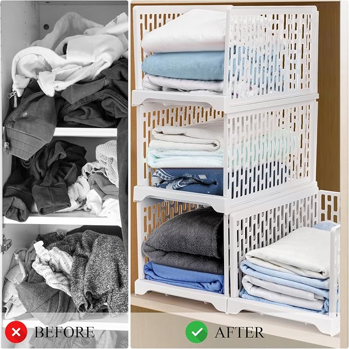 AVLA 4 Pack 38" Stackable Plastic Storage Basket, Plastic Foldable Closet Organizer Storage Bins, Wardrobe Storage Box Clothes Drawer Shelf Container for Cupboard Bedroom Dorm Bathroom Kitchen Office - Image 4