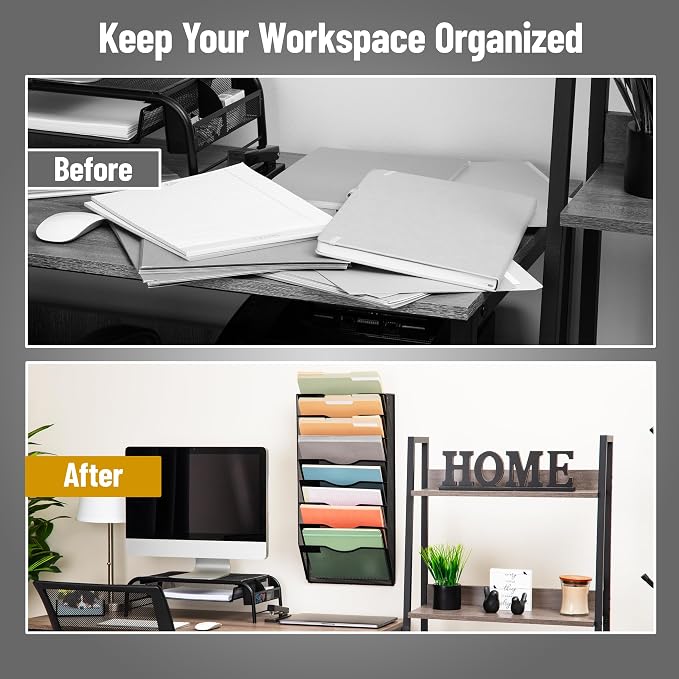 Mind Reader Wall File Organizer, 8 Pocket Hanging Document Rack, Office Wall Mount, Metal Mesh, Black - Image 5