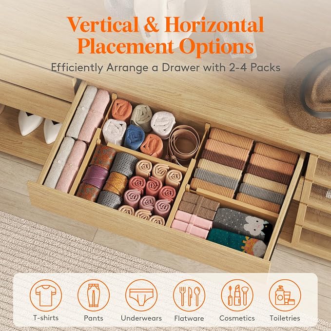 Lifewit 4" High 5 Pack Bamboo Drawer Dividers 31-40cm/12-16 Adjustable Wooden Drawer Organizer for Clothes/Utensils, Expandable Drawer Separator for Dresser/Kitchen/Bedroom/Office Organization - Image 4