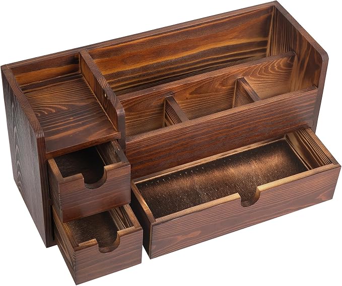 Rustic Brown Wooden Desktop Organizer Drawers Removable Office Supplies Torched Wood Storage Cabinet Caddy Box Stationery Pencil Slots Mail Holder Notes Accessories Home Makeup Tools Cosmetics - Image 3
