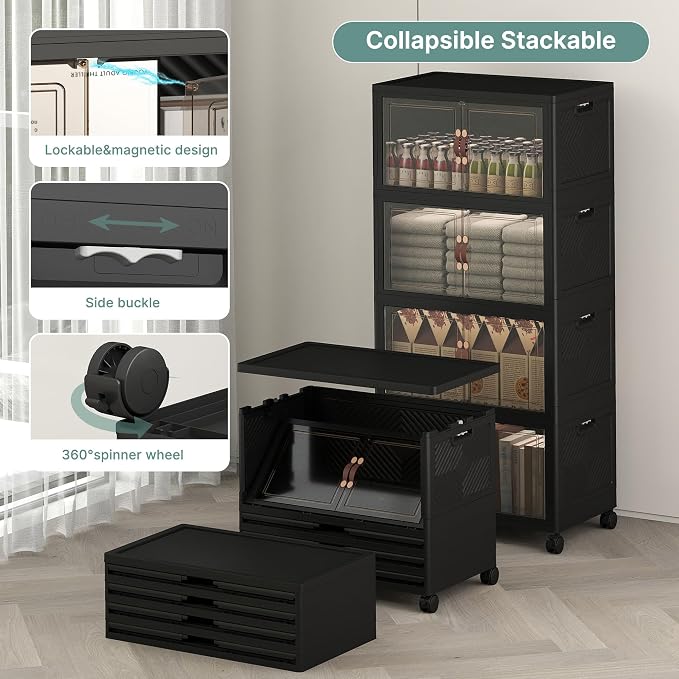 192QT Lockable Plastic Storage Bins, 4 Pack Collapsible Cabinets | Stackable Organizer with Doors & Wheels, Foldable Containers for Bedroom, Dorm, Office & Garage Storage - Image 3