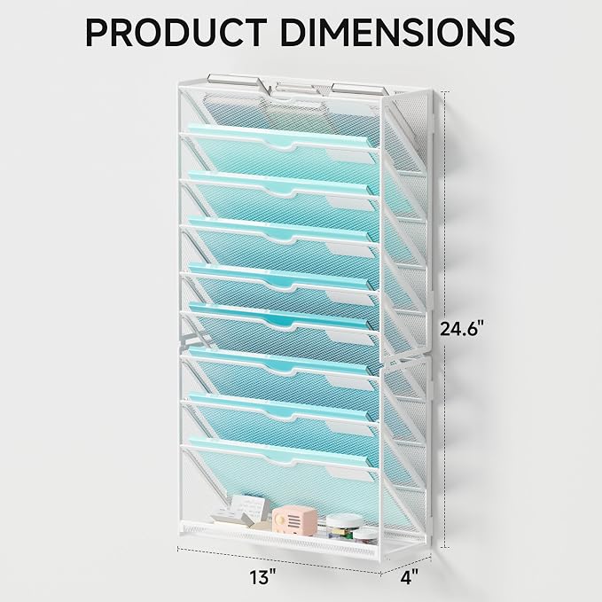 Lavatino 10-Tier Hanging Wall File Folders Organizer - White Metal Mesh Paper Magazine Document Mail Holder File Organizer for Office School Home Wall Mount or Desk Supplies Organization - Image 4