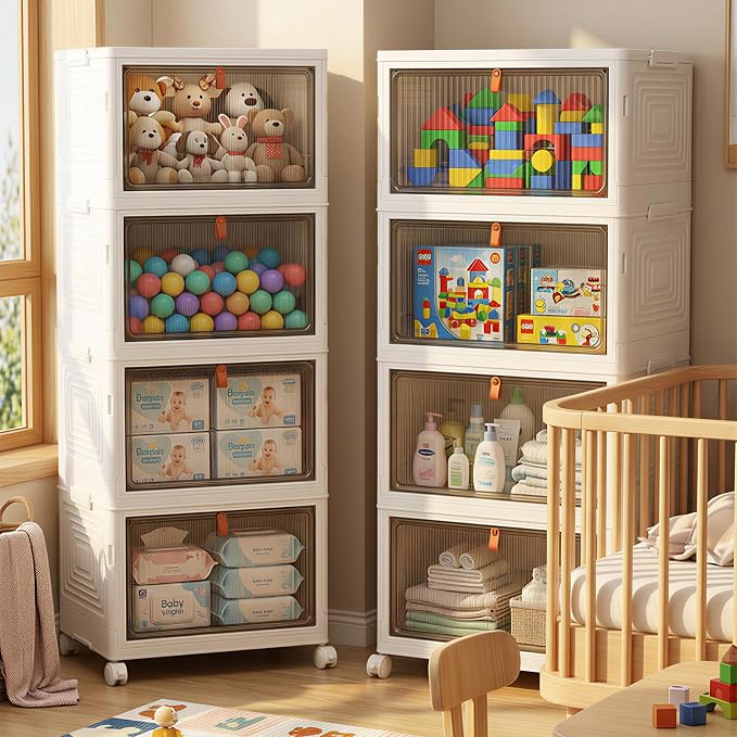 LDQ 136Qt Large Storage Bins with Lids, 4 Tier Stackable Storage Cabinet with Wheels & Clear Doors, Foldable Plastic Closet Organizer for Bedroom, Bathroom & Kitchen - Image 7