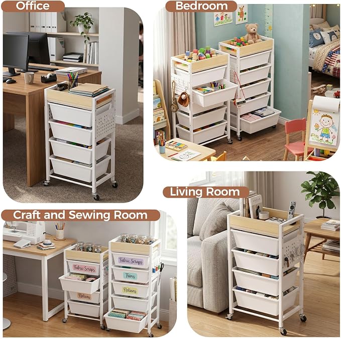 6 Tier Rolling Cart with Drawers, Plastic Drawer Storage Craft Cart with Pegboards & Hooks, Metal Utility Cart with Wheels & Wooden Tabletop, Classroom Office Art Supply Organizers and Storage, White - Image 6