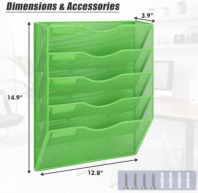 5 Pocket Mesh Hanging Wall File Organizer, Wall Mounted Mail Paper Document Folder Holder, Clipboard Storage Organization Magazine Rack with Nametag Label for Office Home School, Green - Image 2