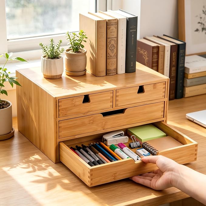 Bamboo Desk Organizer, 100% Natural Bamboo Desktop Drawer Organizer, Tabletop Storage Cabinet Organization Box with 4 Drawers for Makeup, Letter, Home Office Supplies, 3-Layer, Fully Assembled - Image 6