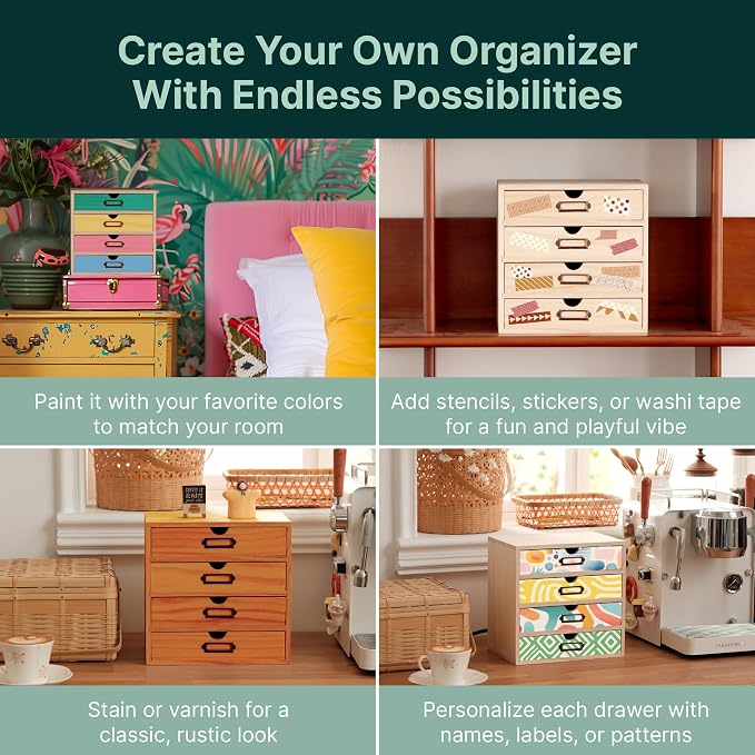 DIY Wooden Desk Organizer with Drawers – Unfinished 4-Drawer Desktop Storage Box – Personalizable Wood Desk Organizer for Crafts, Office, or Home – Compact Wooden Storage Drawers Ready to Decorate - Image 5