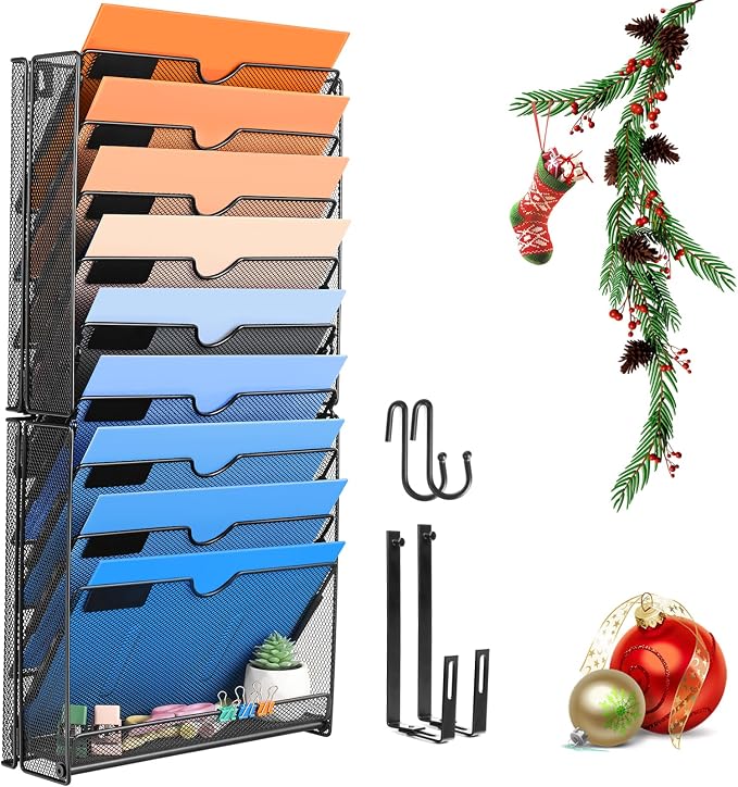 Wall File Organizer, 10 Pockets Mesh Hanging File Organizer | Wall Mount File Paper Folder Holder With Hooks, Wall Organizer Magazine Document Mail for Office School, Black by Lemonsea