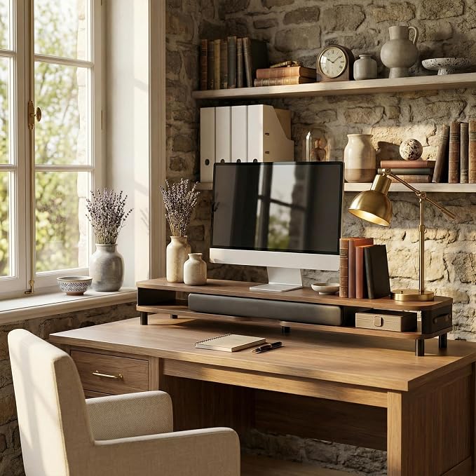 Fenge Dual Monitor Stand with Large Storage Drawer, 42.5" Dsek Shelf, Brown | Slide-Out Drawer with Soft Touch Leather, Ergonomic Monitor Riser, Aluminum leg, 2-Tier Desk Organizer for Laptop, TV, PC - Image 6